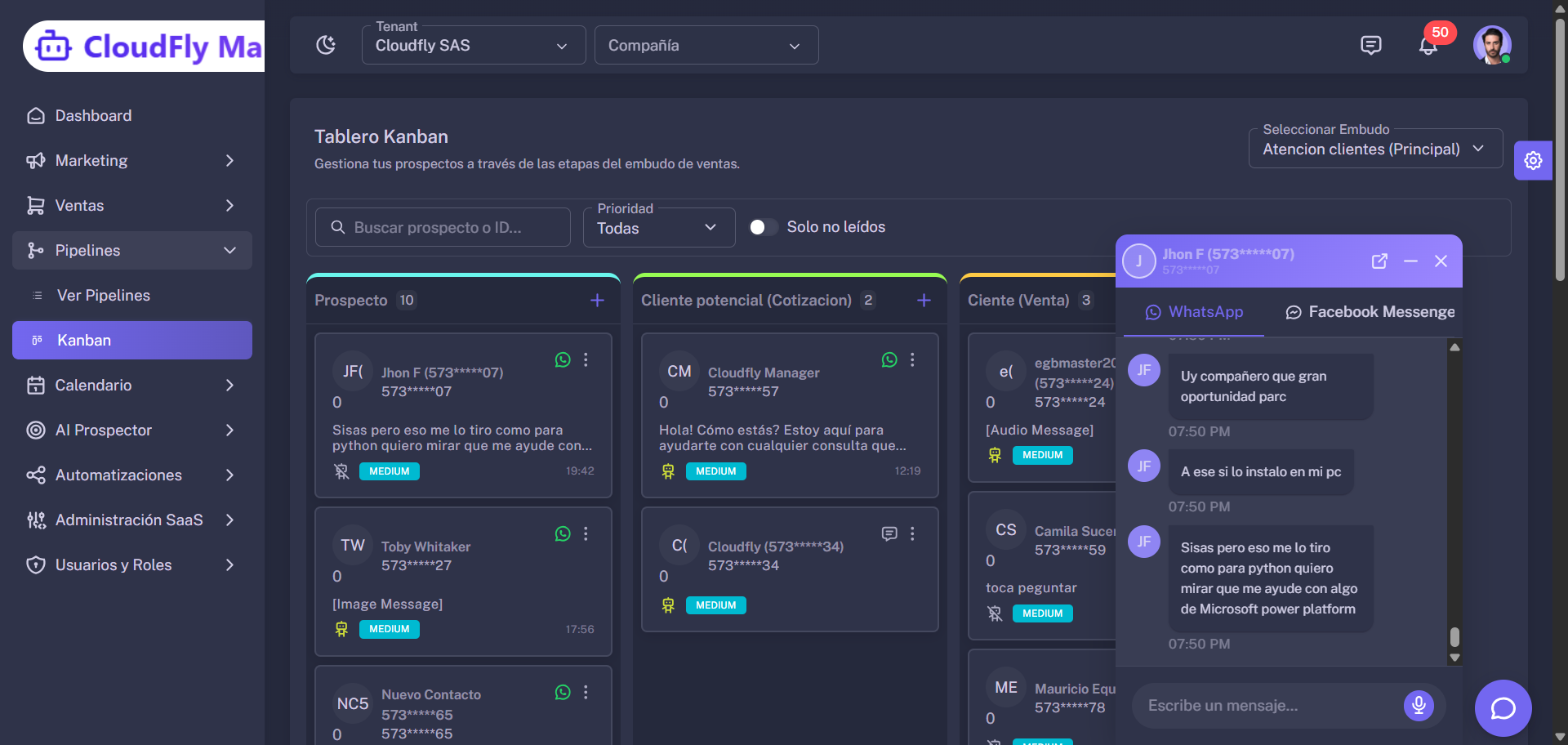 Tablero Kanban CRM Cloudfly